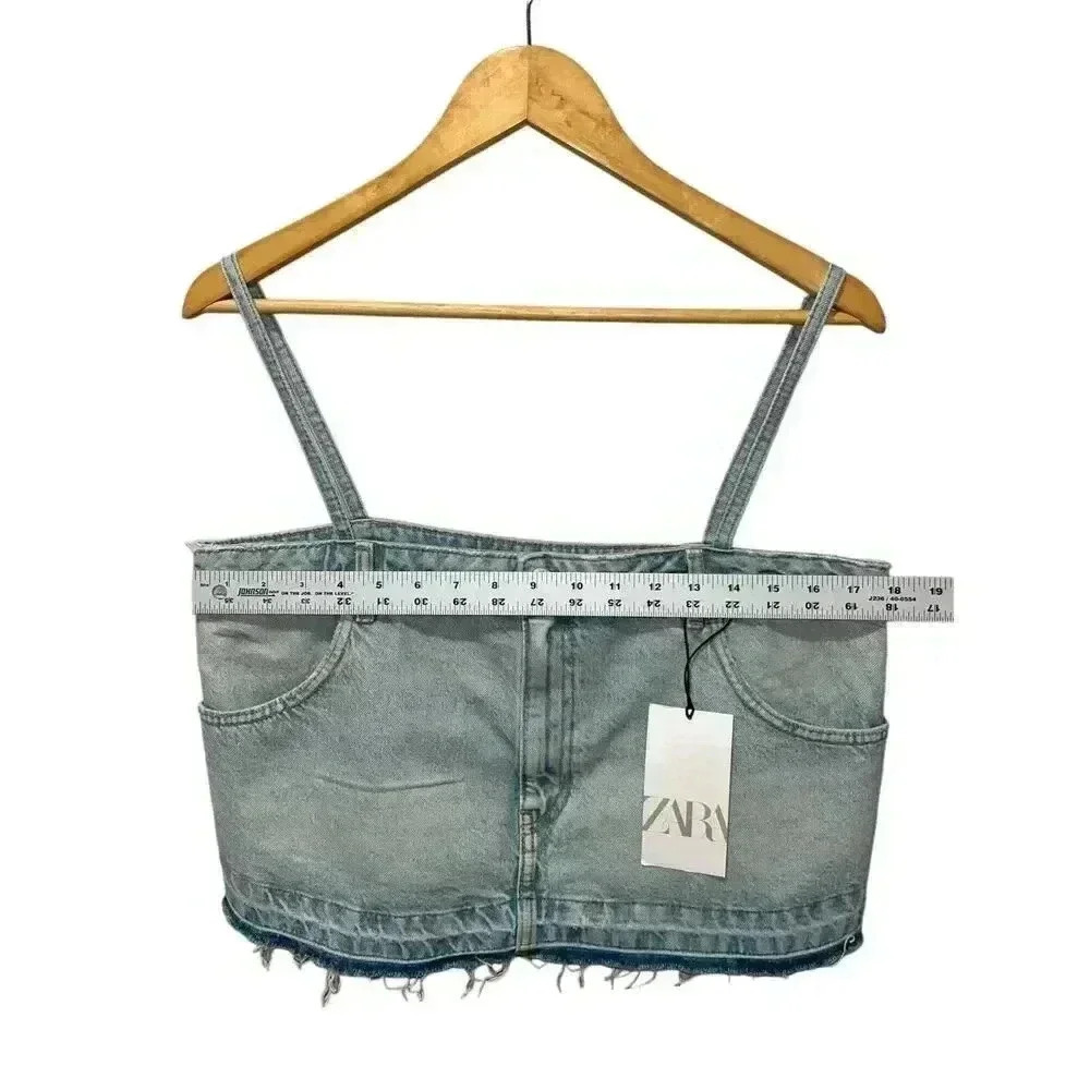 ZARA Denim Jean Cropped Pants Top Spaghetti Straps Size Large Bloggers Blue Wash - Picture 7 of 9